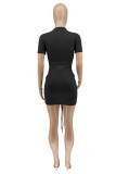 Black Fashion Solid Draw String O Neck Short Sleeve Dress