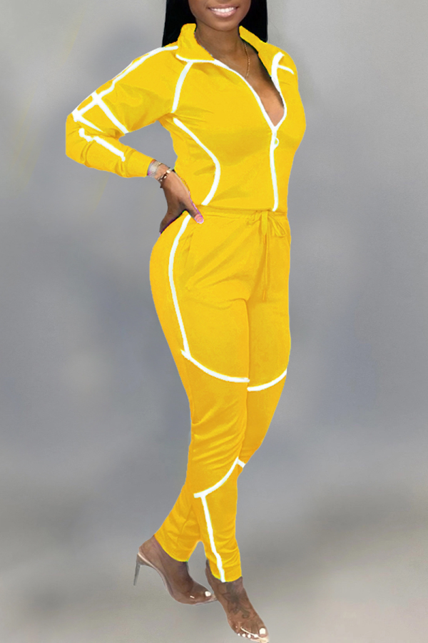Yellow Casual Solid Patchwork Turndown Collar Long Sleeve Two Pieces