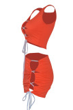 Tangerine Red Sexy Solid Bandage Hollowed Out Patchwork U Neck Sleeveless Two Pieces