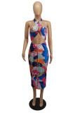 Purple Fashion Sexy Print Backless Halter Sleeveless Two Pieces