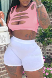 Pink Casual Solid Ripped U Neck Sleeveless Two Pieces