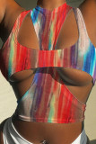 Multicolor Fashion Sexy Print Hollowed Out O Neck Tops Two-piece Set