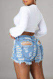 Blue Fashion Sexy Solid Ripped High Waist Regular Jeans