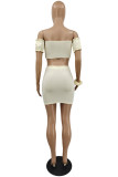 Beige Fashion Sexy Solid Bandage Backless Off the Shoulder Short Sleeve Two Pieces