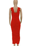 Red Elegant Solid Split Joint Fold Square Collar Pencil Skirt Dresses
