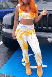 Yellow Fashion Casual Print Vests Pants U Neck Sleeveless Two Pieces