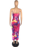 Multi-color Fashion Sexy Print Hollowed Out Fold Spaghetti Strap Sleeveless Dress
