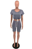 Dark Gray Fashion Casual Solid Basic O Neck Short Sleeve Two Pieces