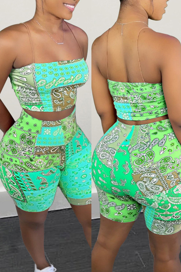 Green Fashion Sexy Print Backless Strapless Sleeveless Two Pieces