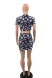 Black Fashion Sexy Print Strap Design V Neck Short Sleeve Two Pieces