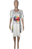 Yellow Casual Print High Opening O Neck Short Sleeve Two Pieces