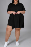 Black Fashion Casual Solid Slit V Neck Tops Plus Size Two-piece Set