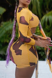 Light Green Fashion Sexy Print Bandage Hollowed Out O Neck Long Sleeve Dresses