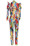 Rainbow Color Sexy Print Patchwork Long Sleeve Two Pieces