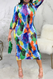 Multicolor Sexy Print Patchwork Half A Turtleneck Pencil Skirt Dresses