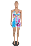 Rose Red Sexy Print Hollowed Out Spaghetti Strap Skinny Rompers