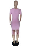 Pink Fashion Casual Solid Tassel O Neck Short Sleeve Dress