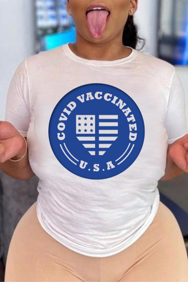Blue Fashion Casual Print Basic O Neck T-Shirts