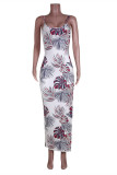 Rose Red Fashion Sexy Print Backless Slit Spaghetti Strap Sleeveless Dress