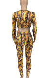 Yellow Sexy Print Hollowed Out Patchwork Frenulum O Neck Long Sleeve Two Pieces