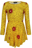 Yellow Casual Print Patchwork O Neck Straight Dresses