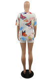 White Casual Print Patchwork O Neck T-Shirts