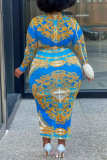 Blue Sexy Print Patchwork O Neck Pencil Skirt Dresses