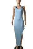 Red Sexy Solid Patchwork Backless Asymmetrical O Neck Vest Dress Dresses
