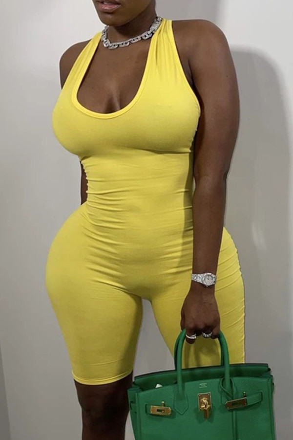 Yellow Sexy Solid Patchwork U Neck Skinny Rompers