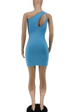 Blue Sexy Solid Hollowed Out Patchwork Asymmetrical Collar Pencil Skirt Dresses