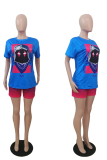 Blue Casual Print Patchwork O Neck Short Sleeve Two Pieces