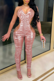 Blue Sexy Solid Hollowed Out Halter Skinny Jumpsuits