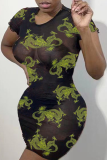 Black Sexy Print See-through Mesh O Neck Pencil Skirt Dresses