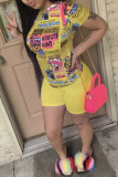Yellow Fashion Casual Print Basic O Neck Short Sleeve Two Pieces