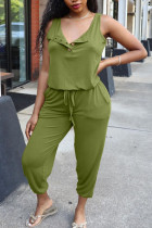 Army Green Casual Solid Split Joint Frenulum Buttons O Neck Straight Jumpsuits