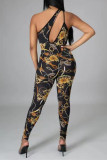 Black Fashion Sexy Print Hollowed Out Backless One Shoulder Skinny Jumpsuits