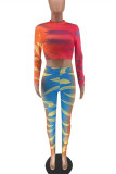 Multicolor Fashion Casual Print Basic O Neck Long Sleeve Two Pieces