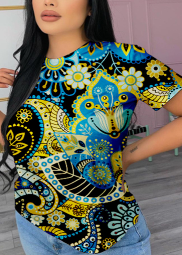 Yellow Casual Print O Neck T-Shirts