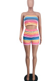 Rainbow Color Sweet Striped Print Patchwork Strapless Sleeveless Two Pieces