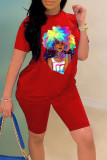 Red Fashion Casual Print Basic O Neck Short Sleeve Two Pieces