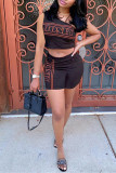 Black Sexy Casual Letter Print Backless One Shoulder Sleeveless Two Pieces
