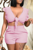 Pink Sexy Solid Flounce V Neck Sleeveless Two Pieces