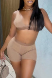 Camel Sexy Casual Solid Backless V Neck Sleeveless Two Pieces