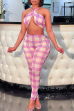 Pink Sexy Plaid Split Joint Halter Sleeveless Two Pieces