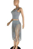 Grey Sexy Solid Tassel Patchwork U Neck Sleeveless Two Pieces