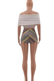 White Casual Striped Print Patchwork Off the Shoulder Short Sleeve Two Pieces