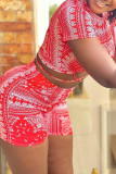 Red Fashion Casual Print Hollowed Out O Neck Short Sleeve Two Pieces