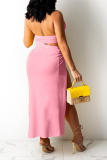 Pink Sexy Solid Hollowed Out Halter Irregular Dress Dresses