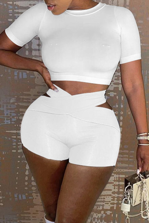 White Fashion Casual Solid Hollowed Out O Neck Short Sleeve Two Pieces