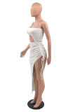 White Fashion Sexy Solid Hollowed Out Backless One Shoulder Sleeveless Dress